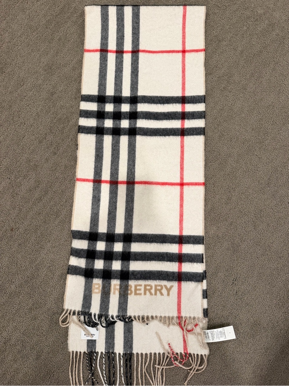 Burberry Ivory Check Wool Scarf with Black & Red Stripes